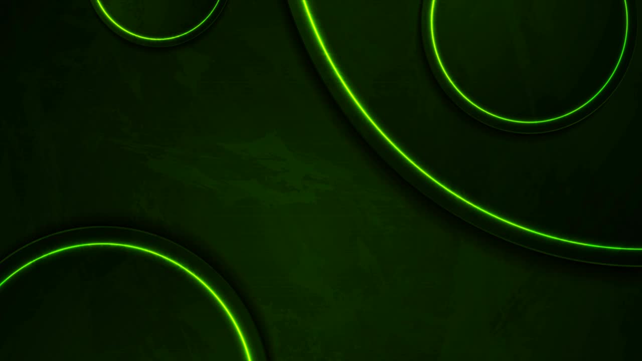 Motion design con cerchi laser al neon verde scuro su sfondo di parete luminosa effetto grunge