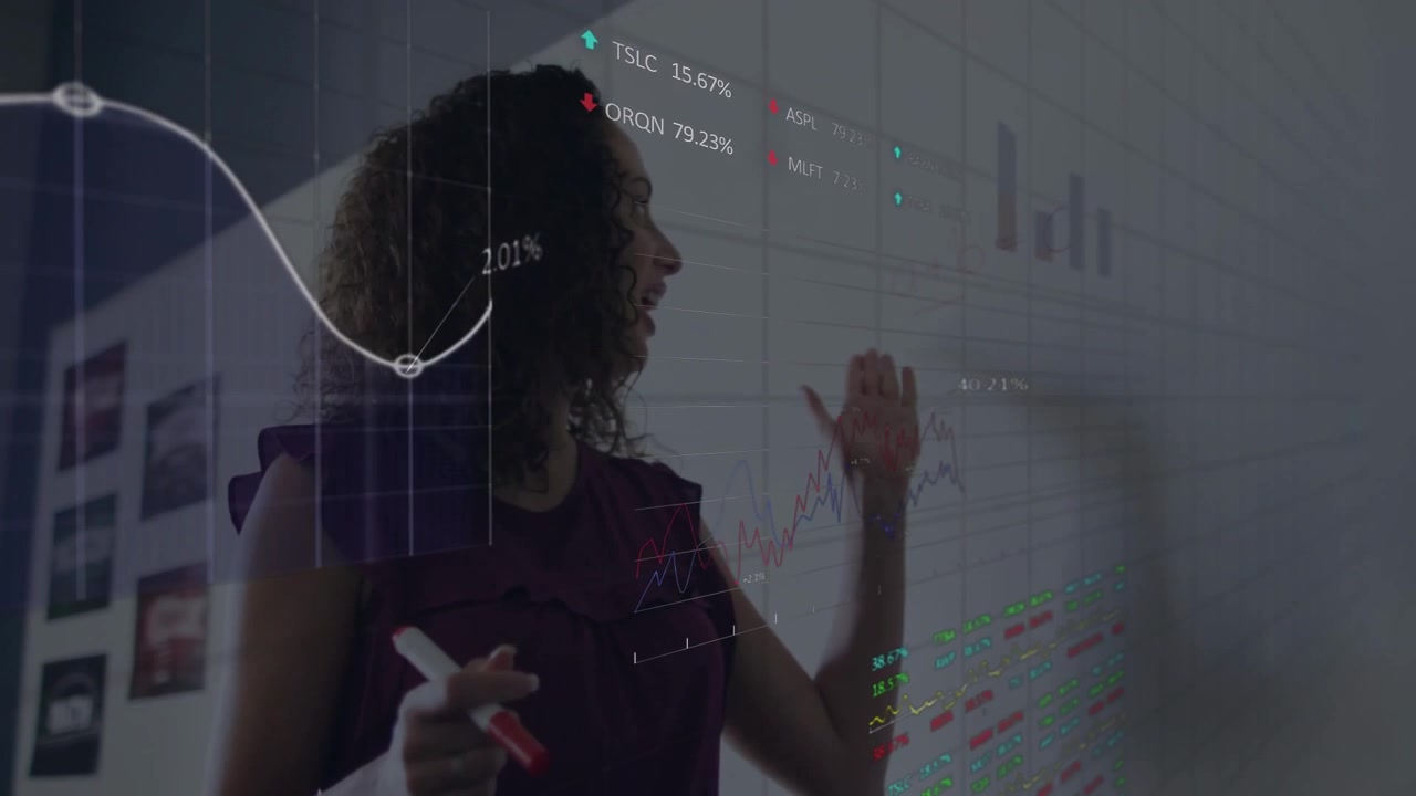Businesswoman grabbing marker and illustrating business data with holographic chart on whiteboard