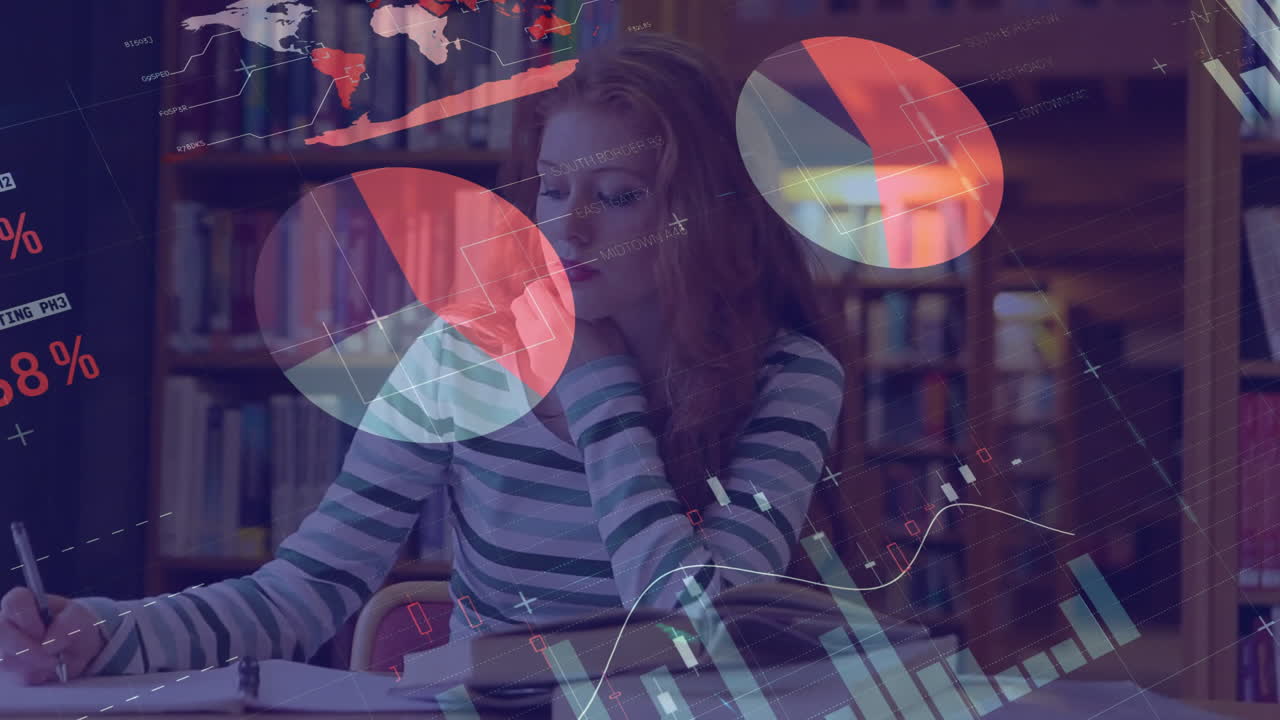 Animation of financial data processing over caucasian female student