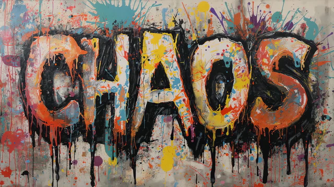 Ajuste de cámara acercándose, ajustando la exposición, resaltando los goterones del mural CHAOS en la galería