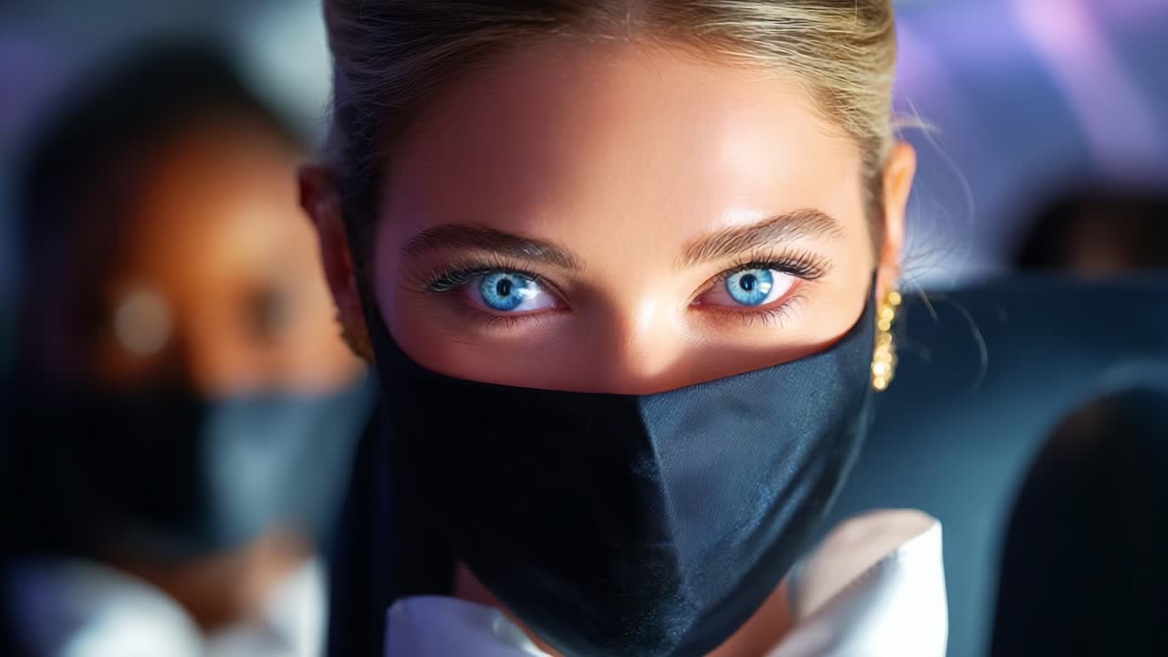 A Captivating Portrait of a Woman with Striking Blue Eyes Wearing a Mask on an Airplane, Surrounded by Soft Lighting and Enigmatic Atmosphere of Travel
