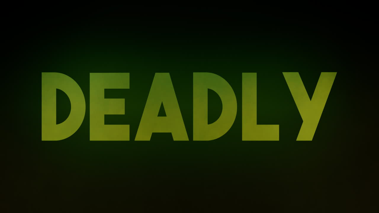 una nube ascendente de gas verde tóxico, revelando el texto mortal, apareciendo de la oscuridad con un resplandor siniestro