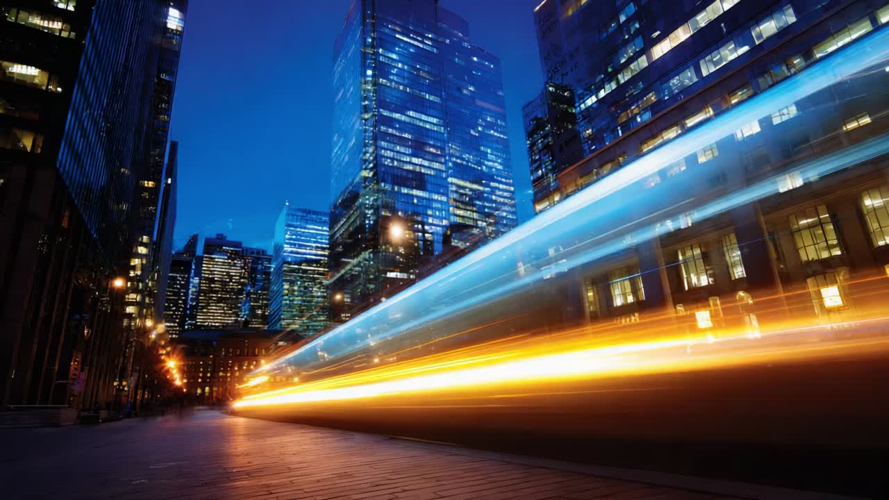 Dynamic Night Scene Featuring Blurred Light Trails on a City Street with Skyscrapers Illuminated by a Captivating Urban Landscape, Highlighting the Blend of Nature and Architecture at Night