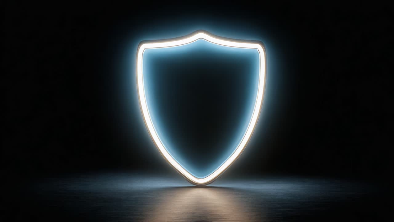 A Futuristic Neon Shield Symbol in a Dark Background Representing Protection and Security Concept in Digital Age