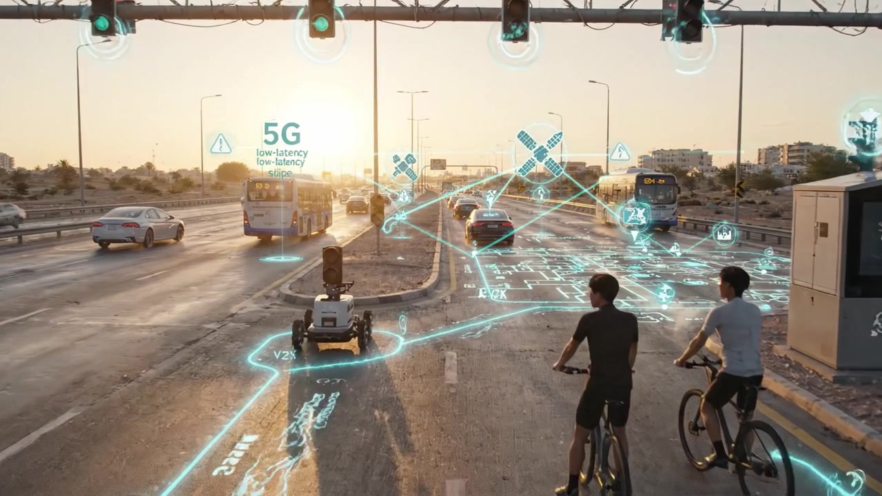 High-Tech Urban Mobility: A Glimpse into the Future of Smart City Transportation with Bicycles and Autonomous Vehicles at Sunset
