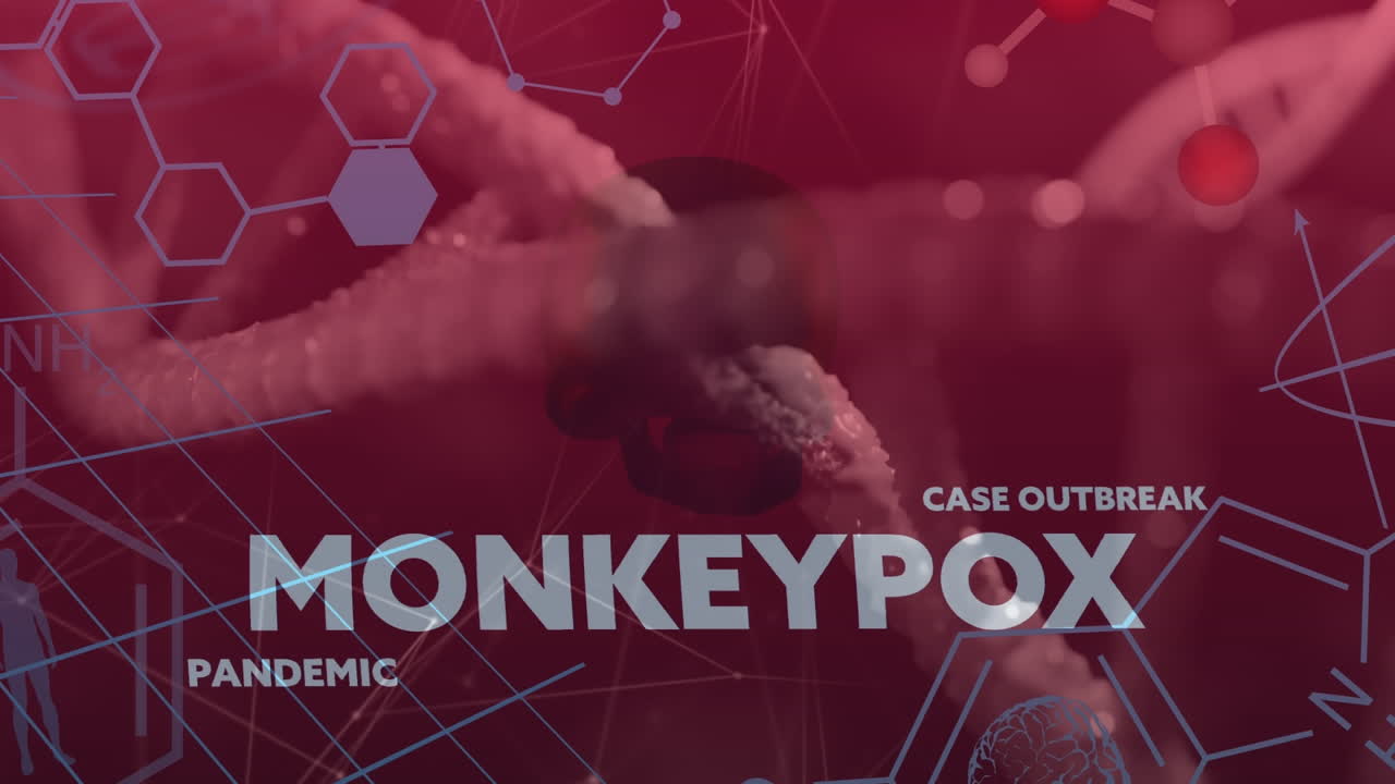 Animation of monkey pox pandemic over connections, chemical formulas and dna