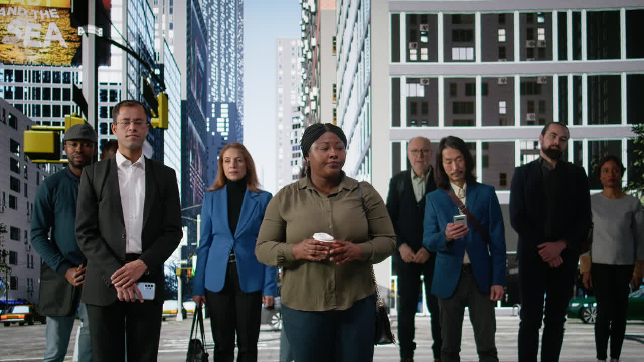 Multiethnic pedestrian group waiting at a red light in the metropolis