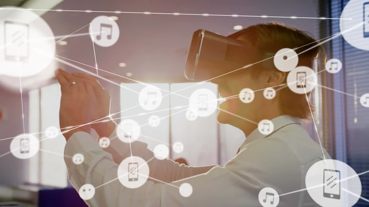 연결 네트워크의 애니메이션과 휴대폰 vr 헤드 ⁇ 을 착용하는 사업가