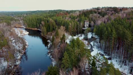 Aerial-View-of-Anyksciai-Laju-Takas,-Treetop-Walking-Path-Complex-With-a-Walkway,-an-Information-Center-and-Observation-Tower,-Located-in-Anyksciai,-Lithuania-near-Sventoji-River