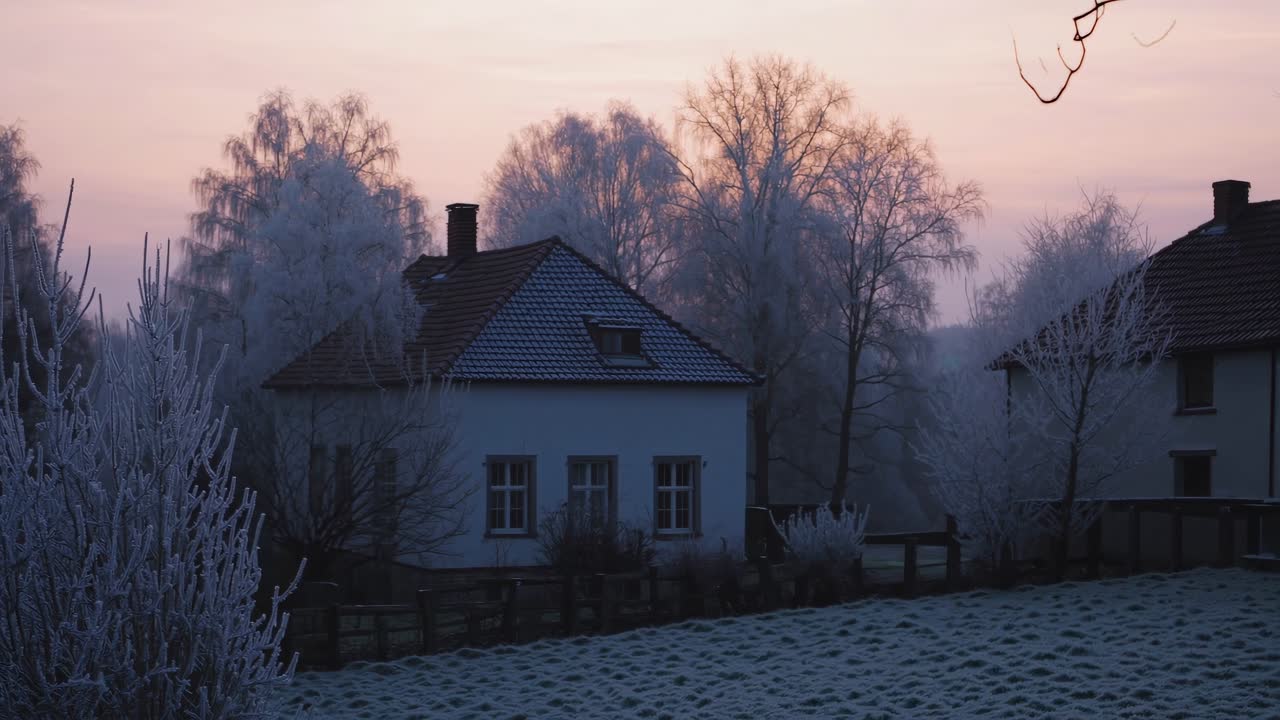Eisiger Sonnenaufgang über einem Landhaus