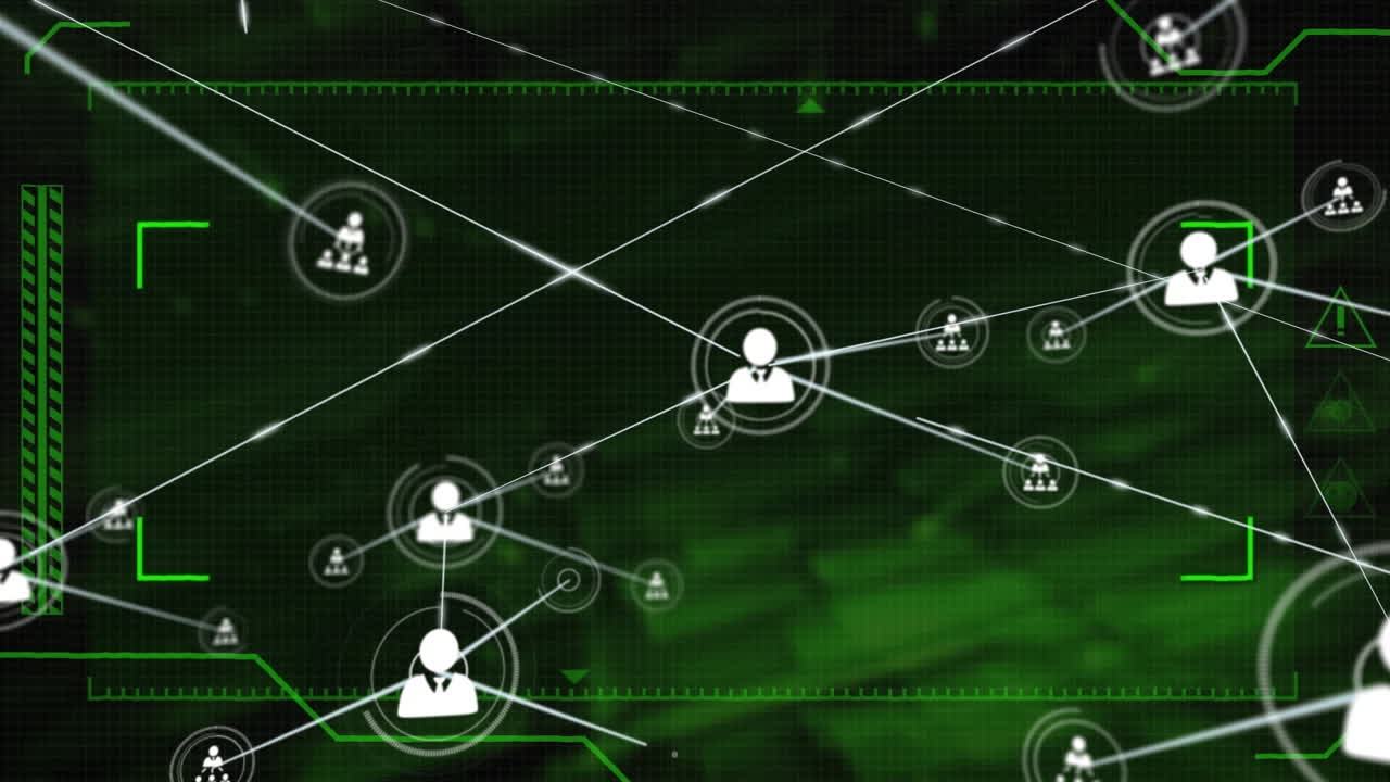 Animation of connected icons, viewfinder and abstract pattern over black background