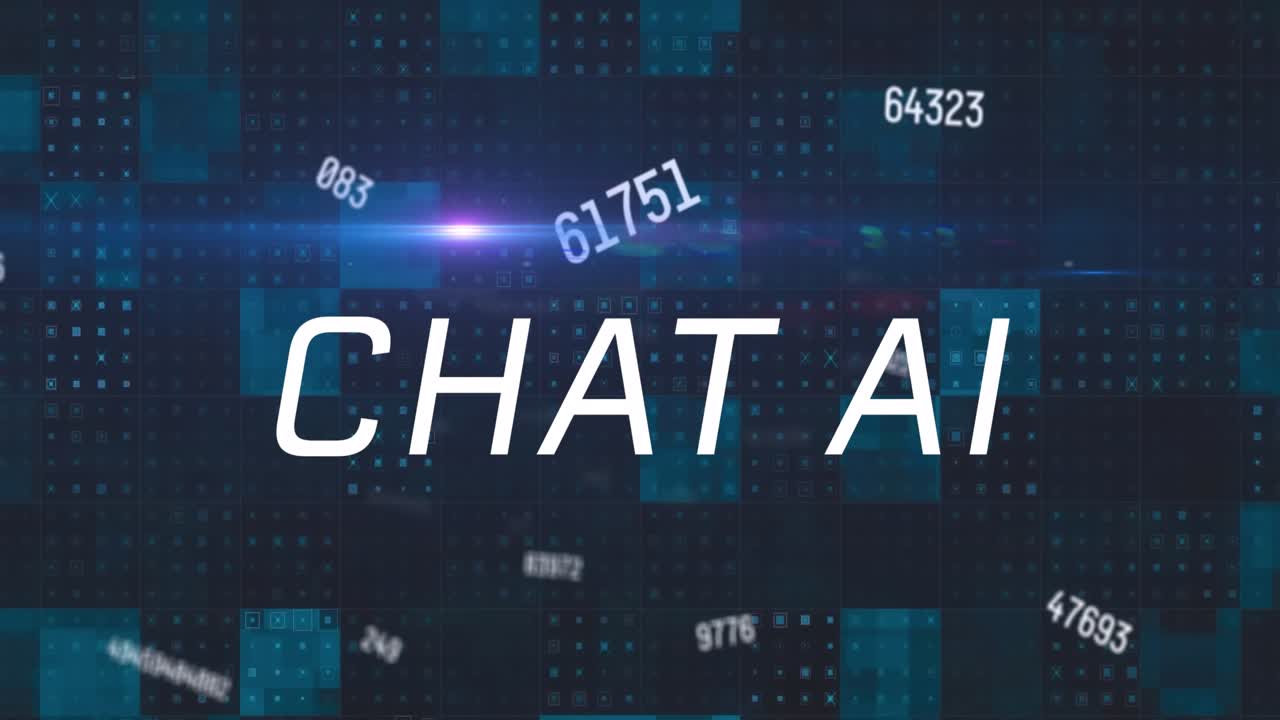 Animation af chat AI-tekst over skiftende tal og linseblændinger mod firkanter på sort baggrund