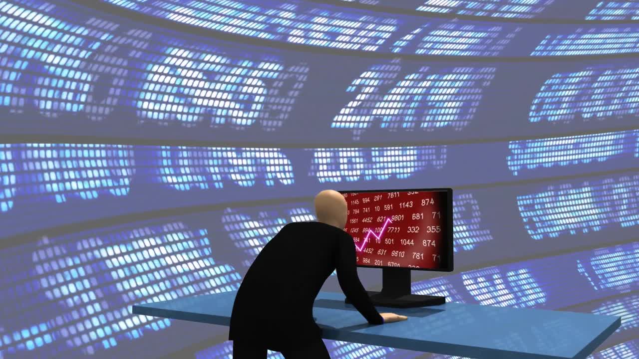 주식시장을 관찰하는 3d맨을 나타내는 컴퓨터 애니메이션