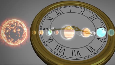 Animation-Des-Sonnensystems,-Der-Planeten-Und-Des-Weltraums-über-Dem-Ticken-Der-Uhr