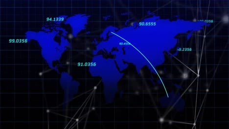 multiple changing numbers and network of connections over world map against blue background