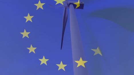 animation of european union flag over rotating wind turbines