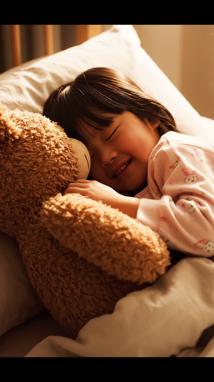 Asian Child Sleeping With Teddy Bear In Warm Bedroom, Soft Golden Light, Pink Pajamas, Hugging Plush Bear,