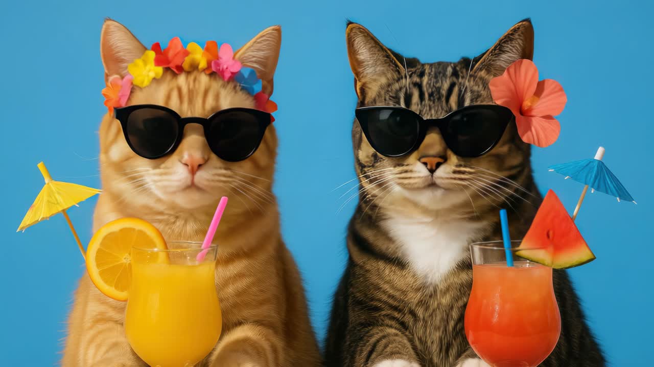 Due gatti con occhiali da sole che gustano bevande tropicali su uno sfondo blu