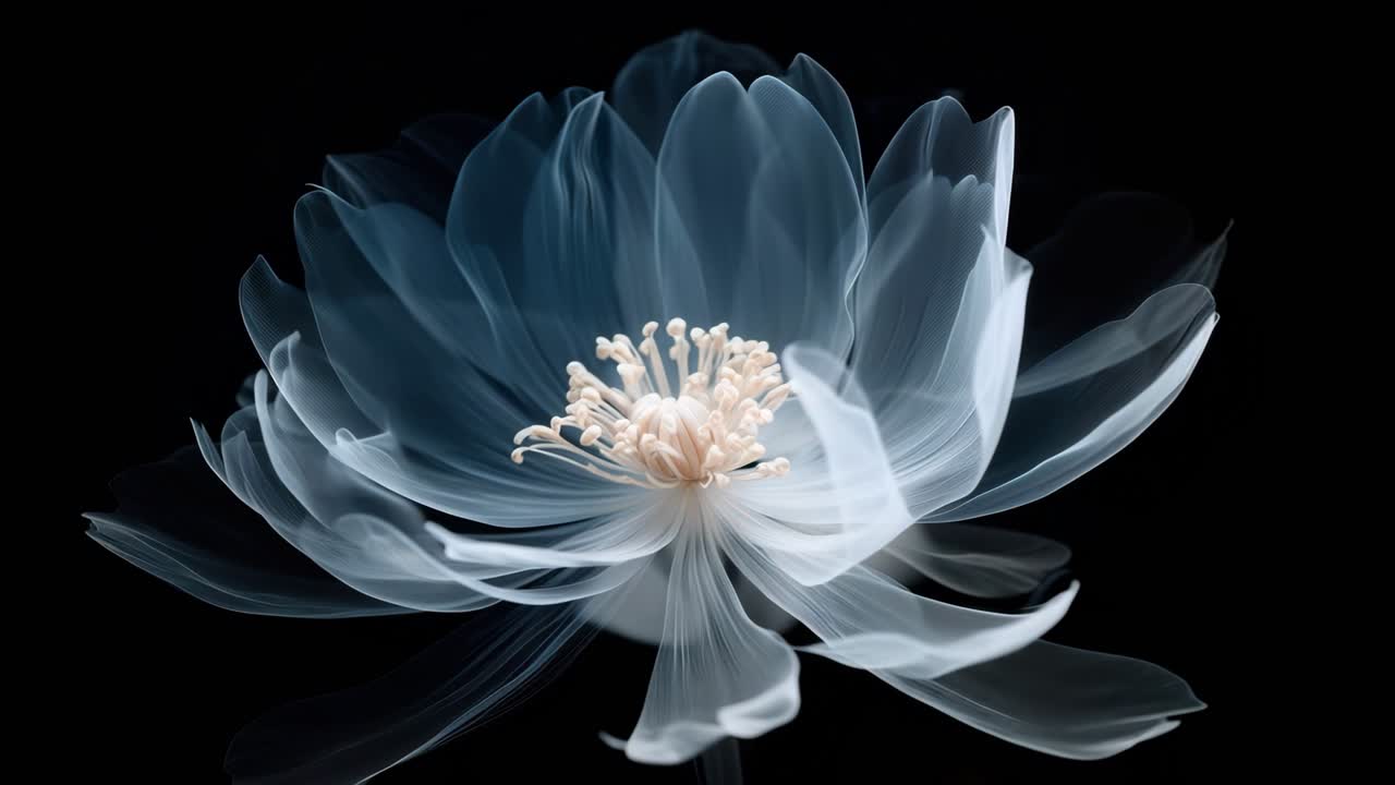En detaljerad, eterisk videokoncept av en genomskinlig blomma mot en svart bakgrund