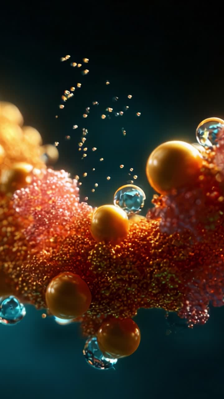 Strutture molecolari complesse con colori vivaci e movimento dinamico delle particelle catturate in un incredibile primo piano da visualizzazioni scientifiche