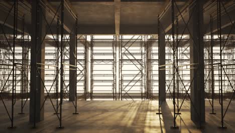 Interior-of-the-reinforced-concrete-building-construction-site.-One-of-the-floor-with-metal-scaffolding.-Camera-moving-sideways-in-an-endless-loop.-Perfect-for-development-related-purposes.