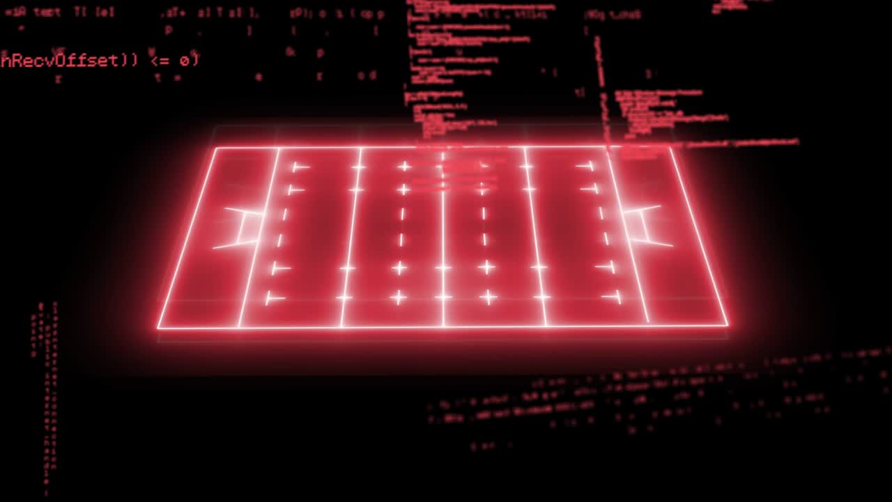 Thin horizontal neon line appearing, glowing neon red grid forming and rotating, showing data flow