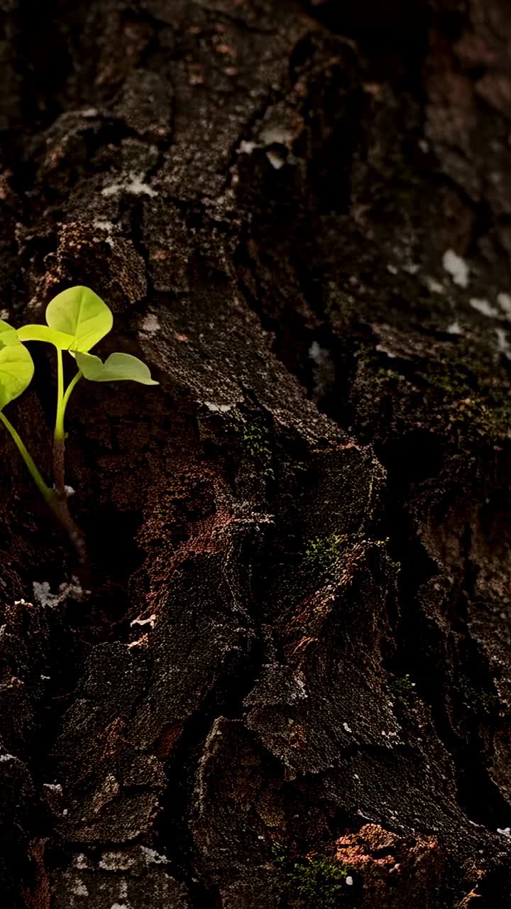 Vertical video: Light shifting cam panning sprout emerging from bark crevice at park, copy space