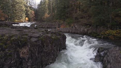 drone footage slowly following the flow of a river as it curves around rocks revealing a waterfall