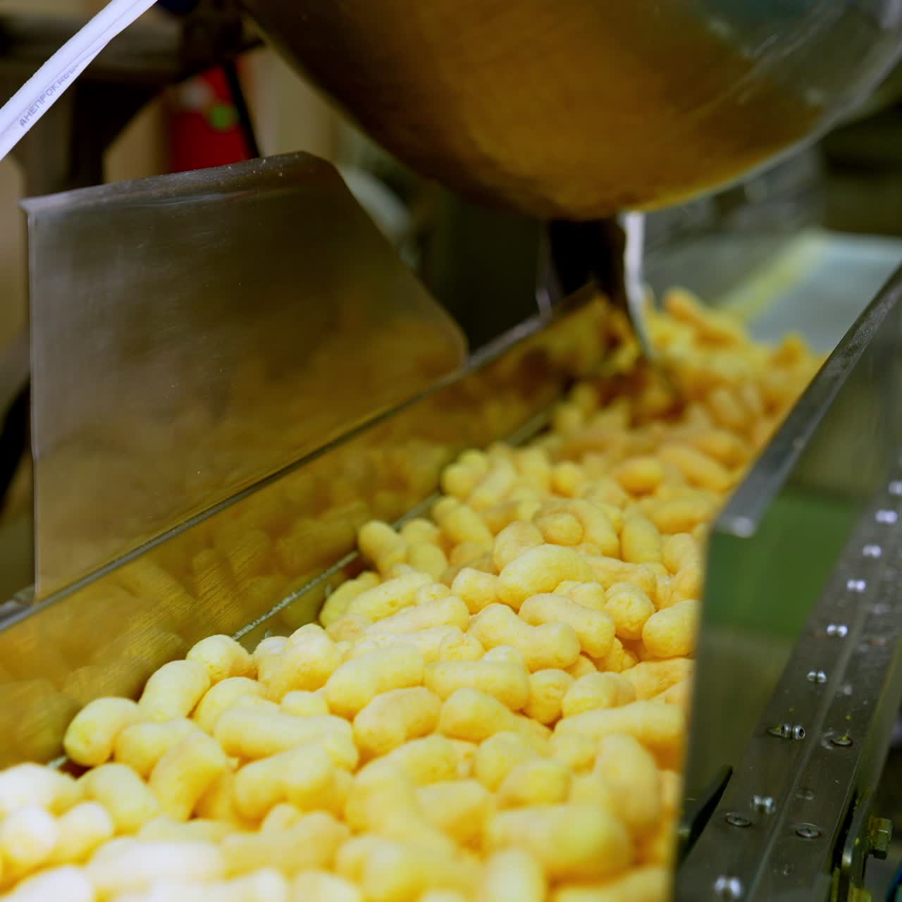 Worker's hand in latex gloves opens the metal tank to throw snacks on conveyor. Corn sticks being pushed by ladle along the belt