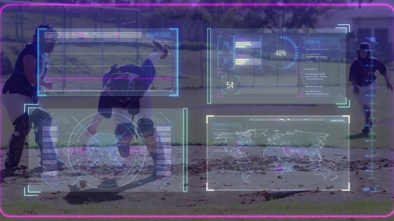 Catcher reacting to softball, bending and securing while runner running toward base HUD radar map