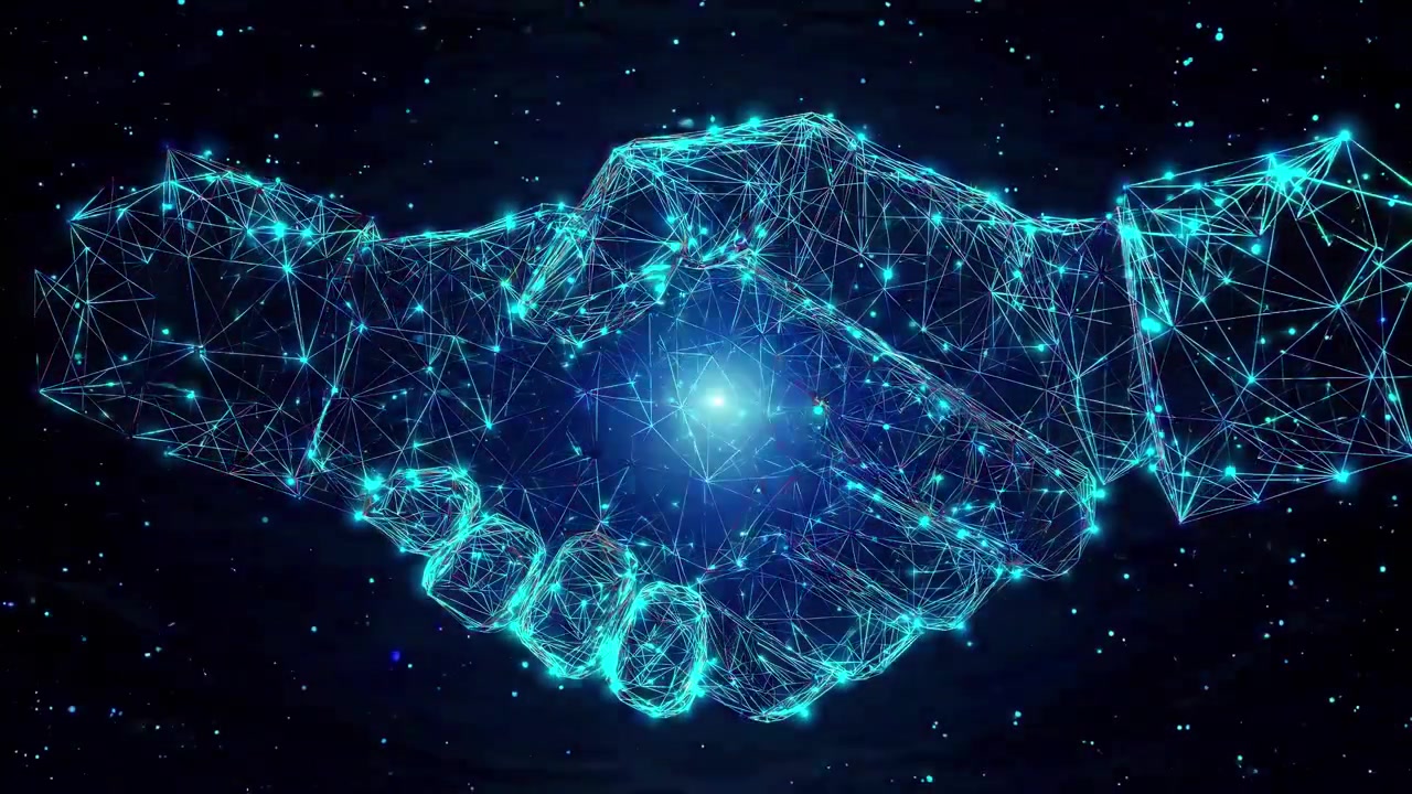 Stretta di mano digitale wireframe che rappresenta partnership aziendale e tecnologia