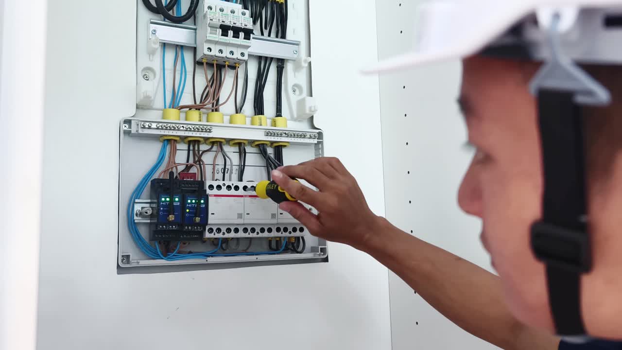 electricista que trabaja en el panel eléctrico