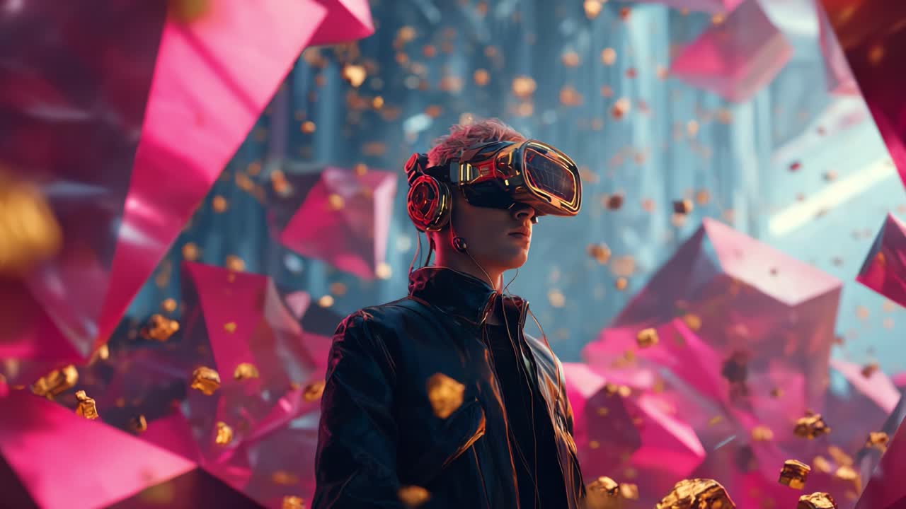 An immersive virtual reality experience capturing a young person in a futuristic setting, adorned with vibrant colors and surrounded by dynamic geometric shapes and glowing elements