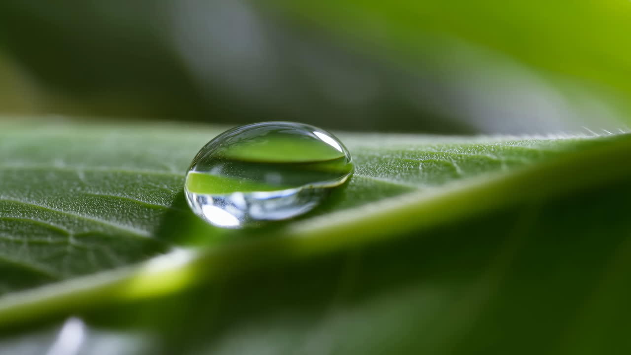 Makrofotografi af en klar vanddråbe på et grønt blad