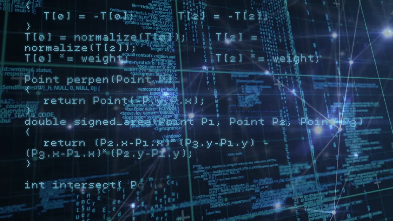 animación del procesamiento de datos en una cuadrícula azul con puntos brillantes