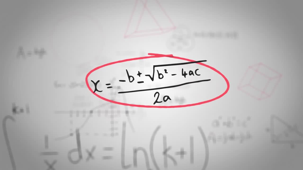 Animation of handwritten mathematical formulae in red hand drawn frames moving on white background