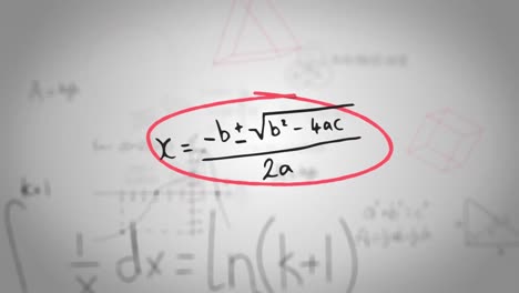 animation of handwritten mathematical formulae in red hand drawn frames moving on white background