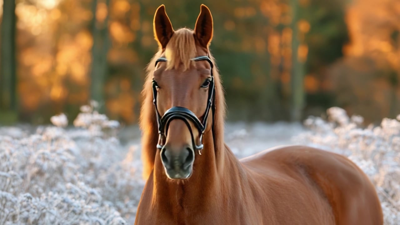 Majestætisk kastanjebrun hest i et fredfyldt efterårslandskab, der viser sin yndefulde skønhed mod en baggrund af blødt lys og frostklare planter.