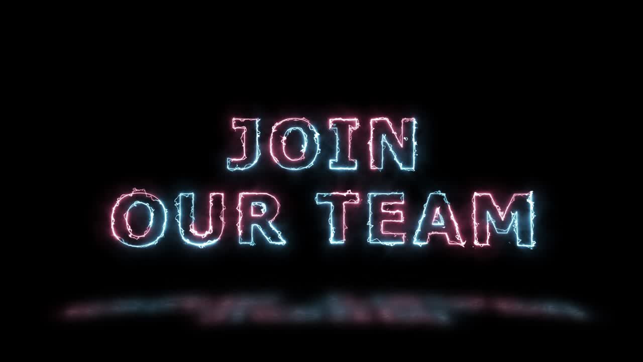 "unisciti alla nostra squadra" linee di confine di energia rosa e blu animazione del titolo con riflesso su un pavimento. semplice ciclo senza cuciture testo animato. tipografia 4k motion graphic