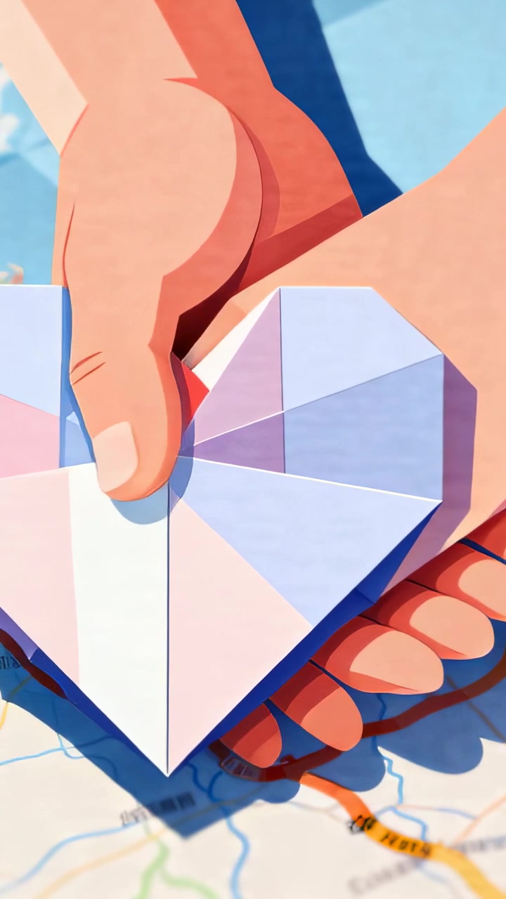Video verticale: Due mani che si avvicinano, posizionano e stringono un cuore di origami su una mappa stradale, segnando un percorso.