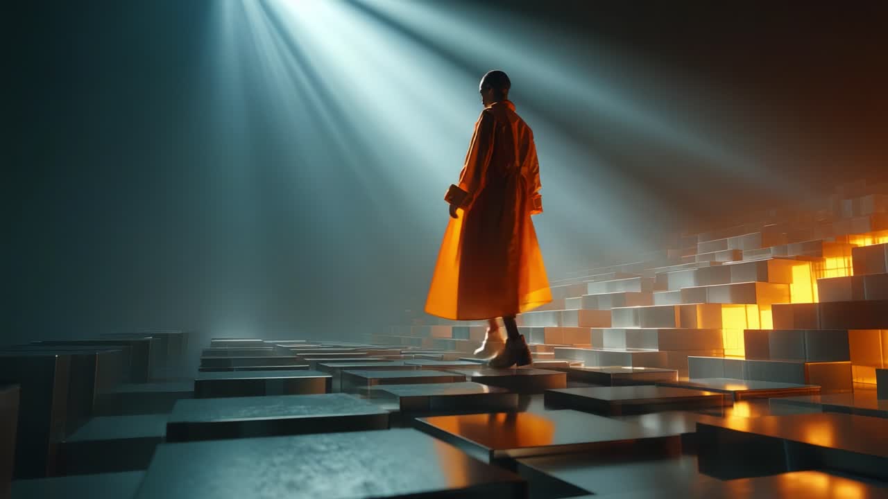 A person walking on stairs bathed in light