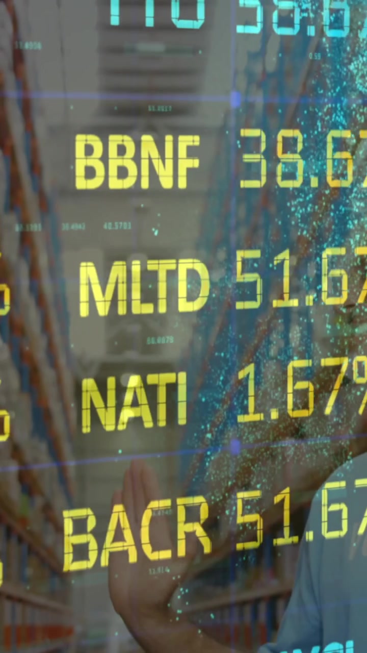 Animation of financial data processing over people working in warehouse