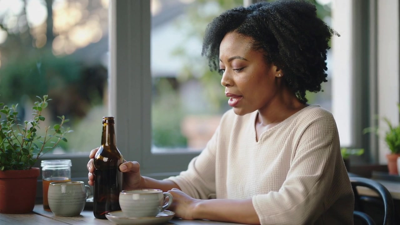 Lifting brown bottle, woman in sweater sipping and tasting at kitchen table with cup, potted plants