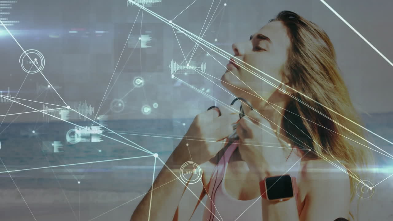 Woman listening to music with data processing animation over beach background