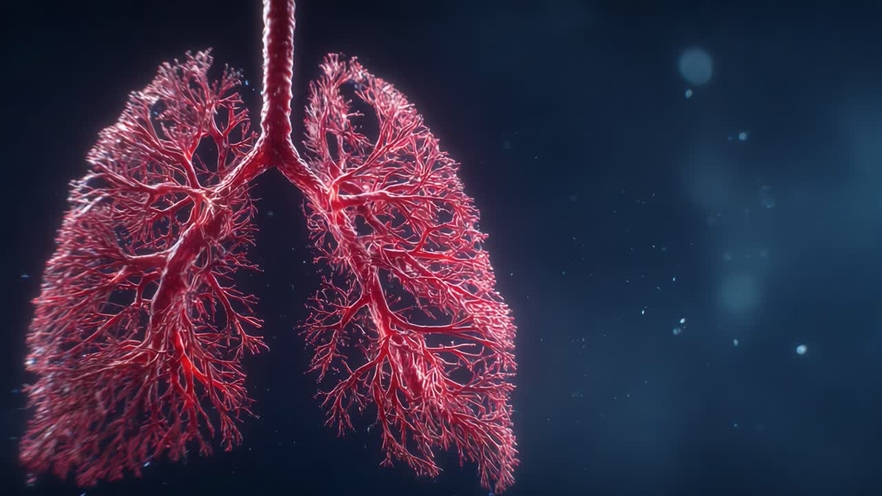 Složitý 3D renderování lidských plic zdůrazňující komplexní bronchiální strukturu a cévní síť s éterickým pozadím