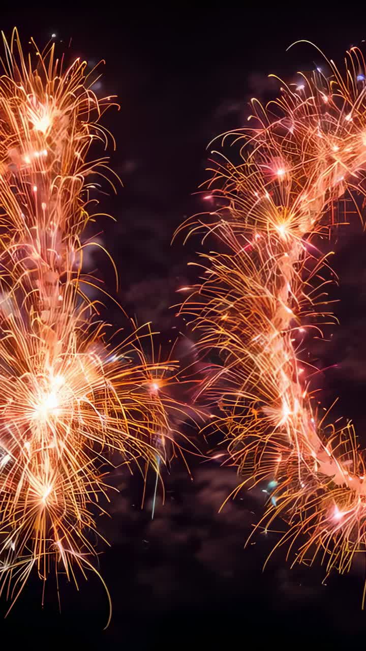 Vertical video: Igniting 2 fireworks columns making white cores and long arcs in smoky sky for show