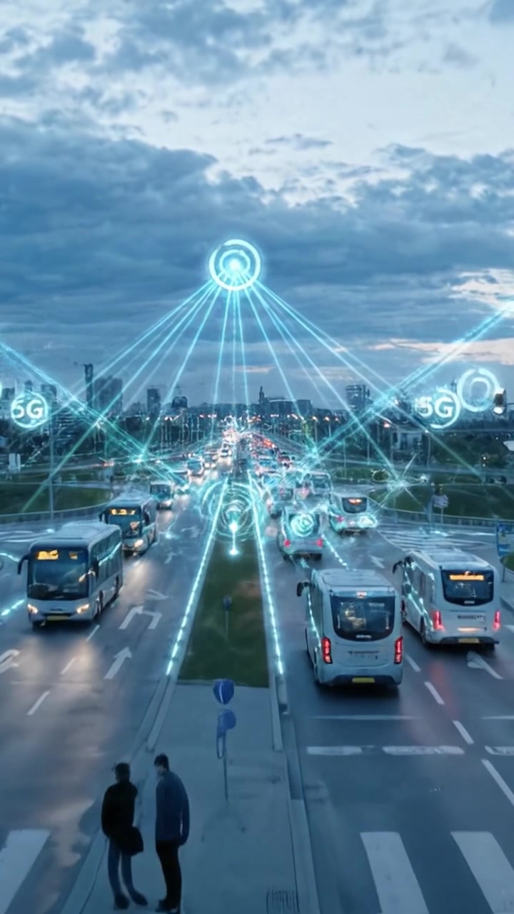 Veduta aerea di un'autostrada moderna con flusso di traffico e connettività di rete 5G, potenziata dalla tecnologia e da segnali digitali che illuminano la carreggiata