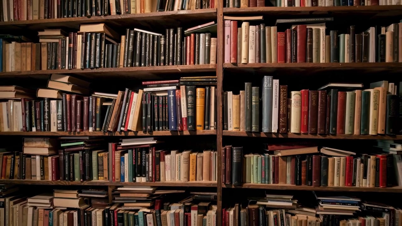 Extensive Collection of Old Books on Dark Wooden Bookshelves