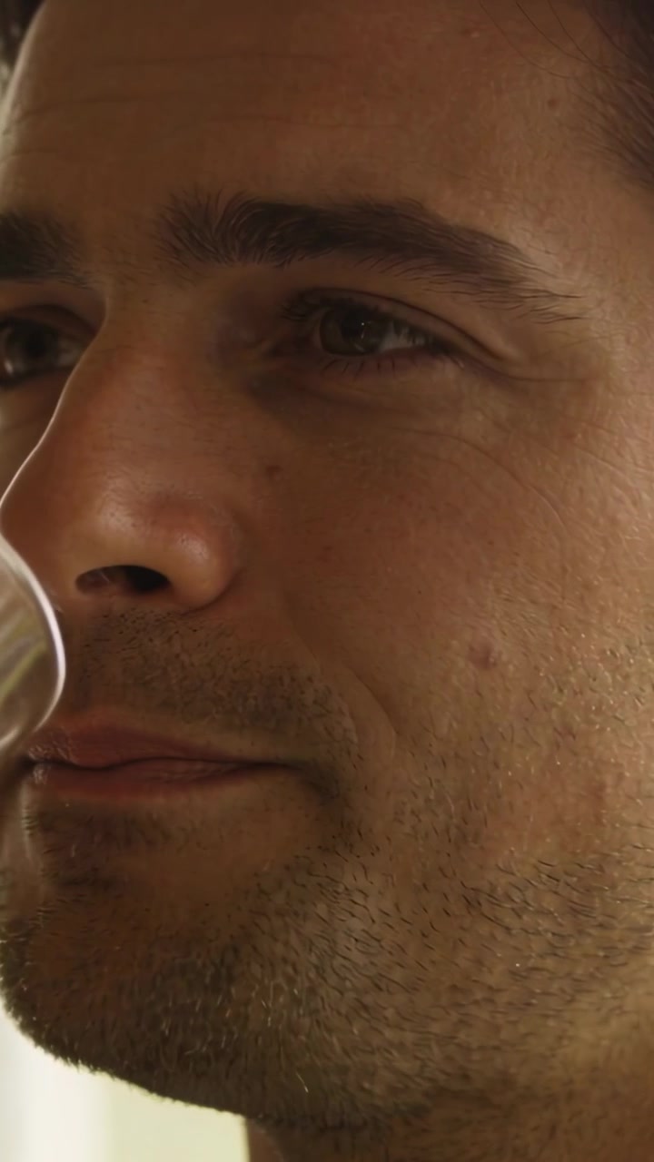 Uomo che porta il bicchiere alle labbra, sorseggiando acqua per dissetarsi, con un contatore di salute animato che si riempie in sovrimpressione.