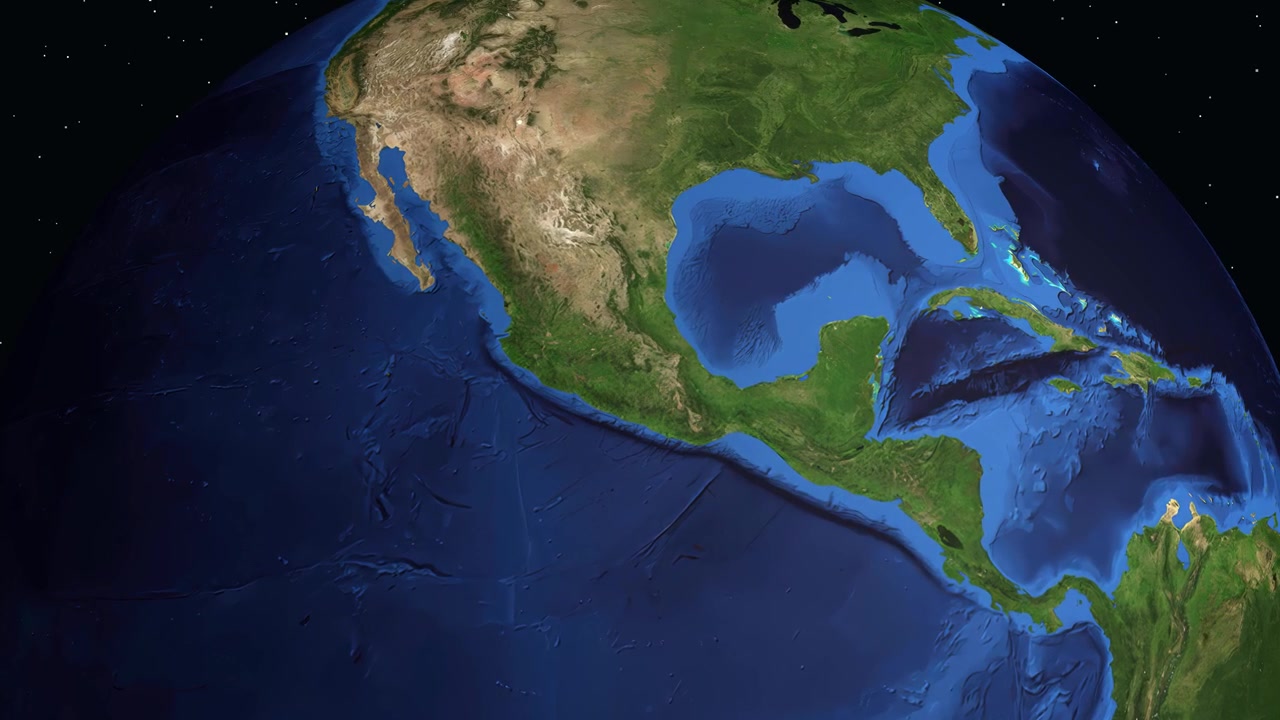 Il globo digitale ruota e ingrandisce il Nord America, individuando Città del Messico con testo delle coordinate